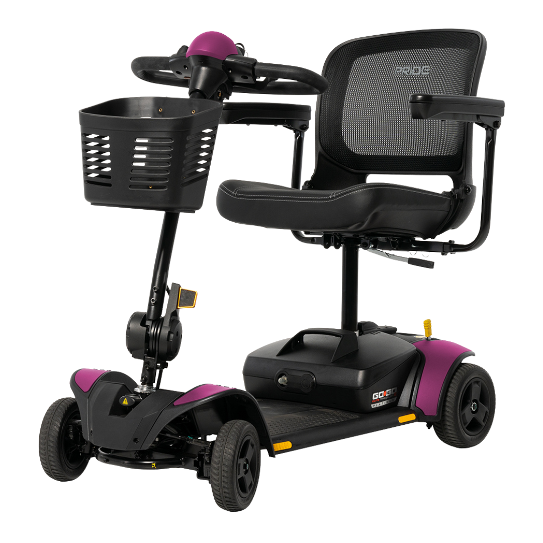The Pride Mobility Go Go Elite Traveller® 2 Platinum Scooter is a black and purple travel scooter with EZ Turn tech, mesh backrest, armrests, front basket, and four wheels—ideal for personal transportation and accessibility.